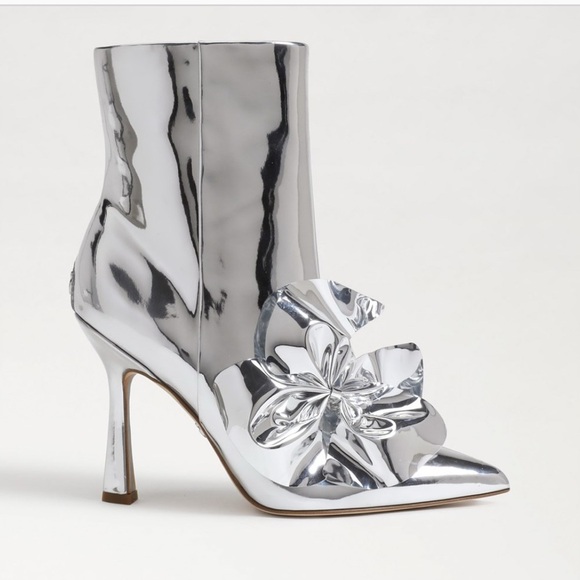 SAM EDELMAN $200 Esmae Stiletto Ankle Metallic Bootie Floral Detail Size 7.5 NEW - Picture 1 of 12